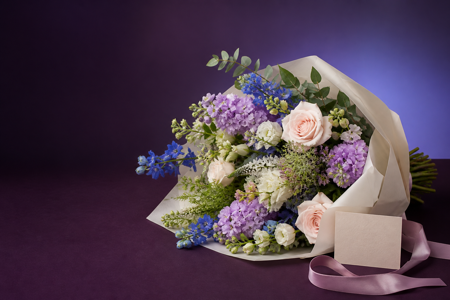 A hand-tied seasonal bouquet with greeting card